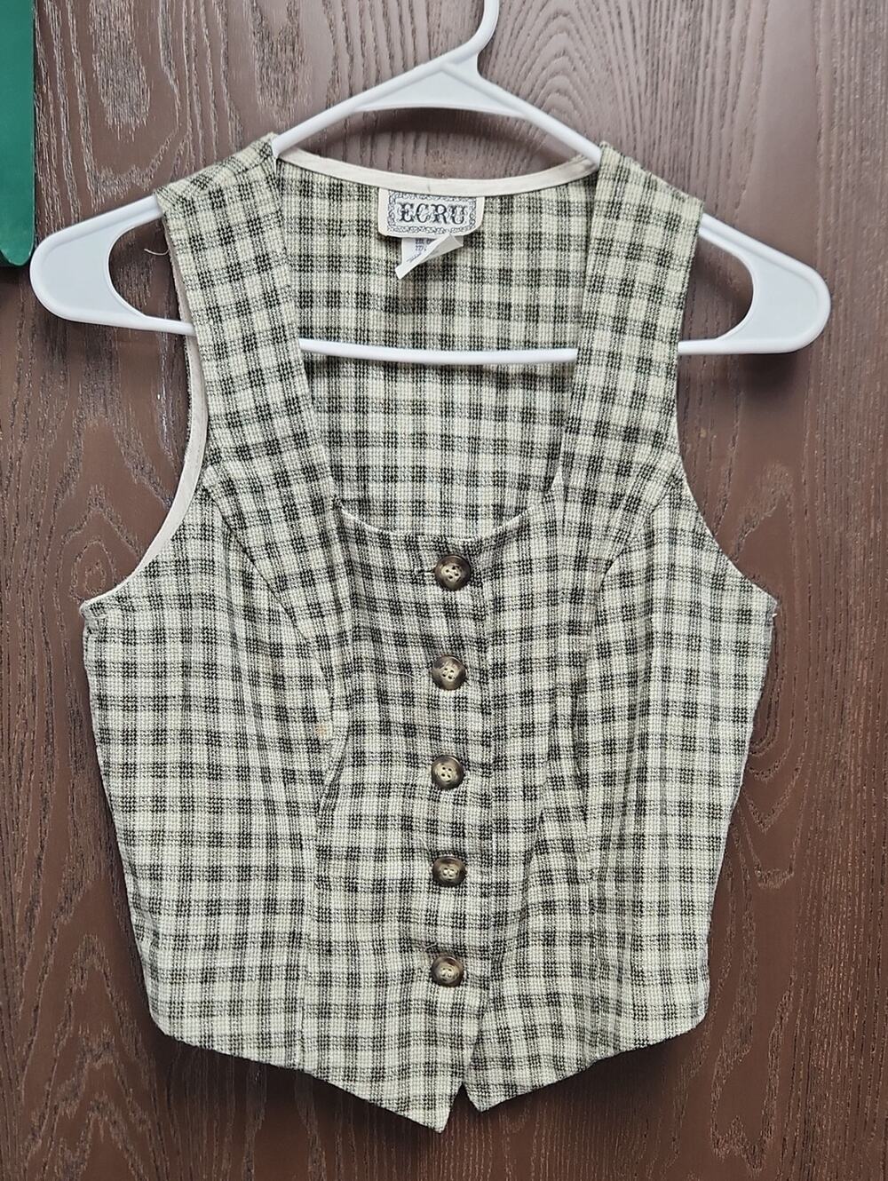 ecru Women's Green Plaid Button-Front Vest